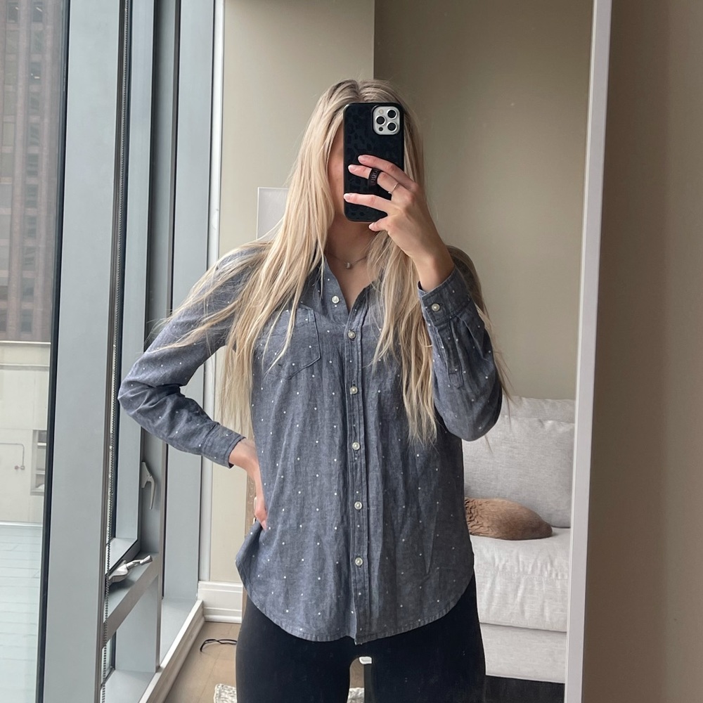 White polka dot chambray button down